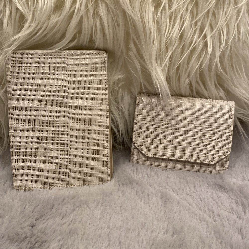 Nordstrom Cream Metallic Saffiano Leather Passport Cover and Coin Purse Set NWOT